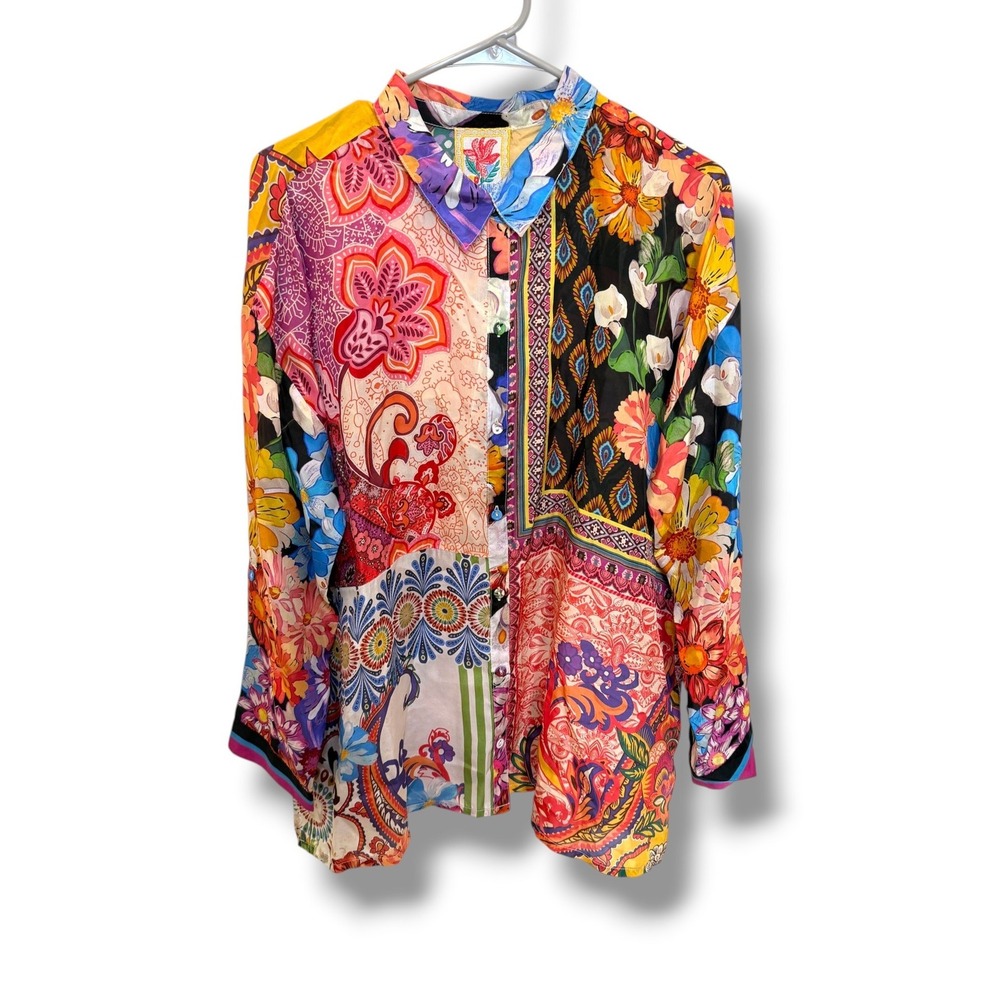Johnny Was Audrey Shirt Womens XL Magnolia Mae Patchwork 100% Silk NWT C10726-1